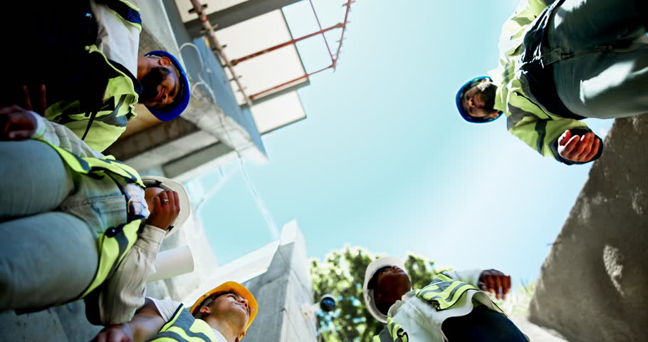Engineers, meeting and handshake with welcome, inspection and planning for safety. Below architects, teamwork and construction site greeting for collaboration, development and building maintenance