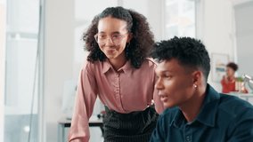 Business, people and computer with coaching in office for website design, user face layout or advice. Web developer, intern and helping with testing existing code, graphics format or training support - Powered by Shutterstock - Get 15% off with code: PIKWIZARD15