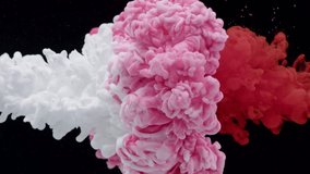 White and pink acrylic paint splash each other in water against a black background, colored ink spreads and bursts like a colorful cloud, fluorescent lighting and natural glitter. 4K. - Powered by Shutterstock - Get 15% off with code: PIKWIZARD15