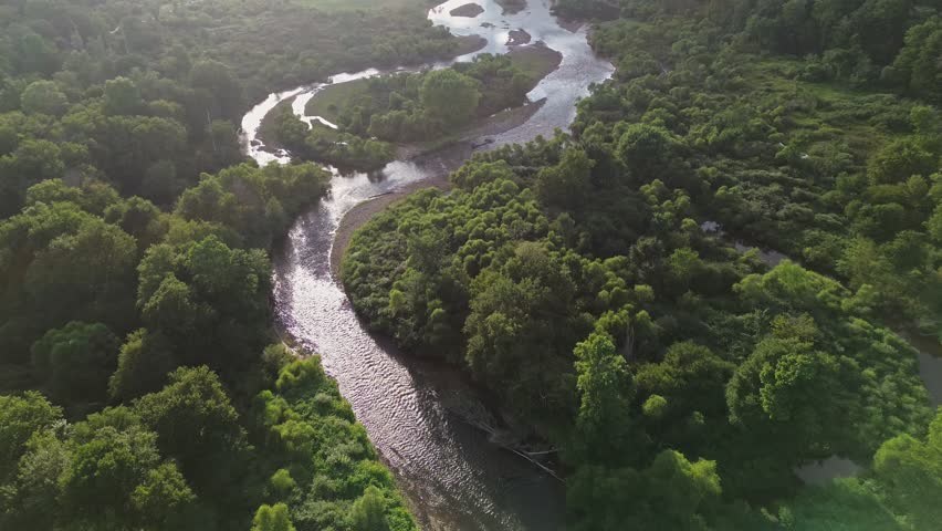 A scenic aerial footage of Allegheny River flowing through dense green woods on a sunny day in Pennsylvania, USA