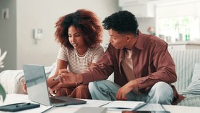 Budget paperwork, writing and couple with laptop, growth portfolio and financial planning in home. Invoice, documents or people bookkeeping with notebook for accounting, investment and income report - Powered by Shutterstock - Get 15% off with code: PIKWIZARD15