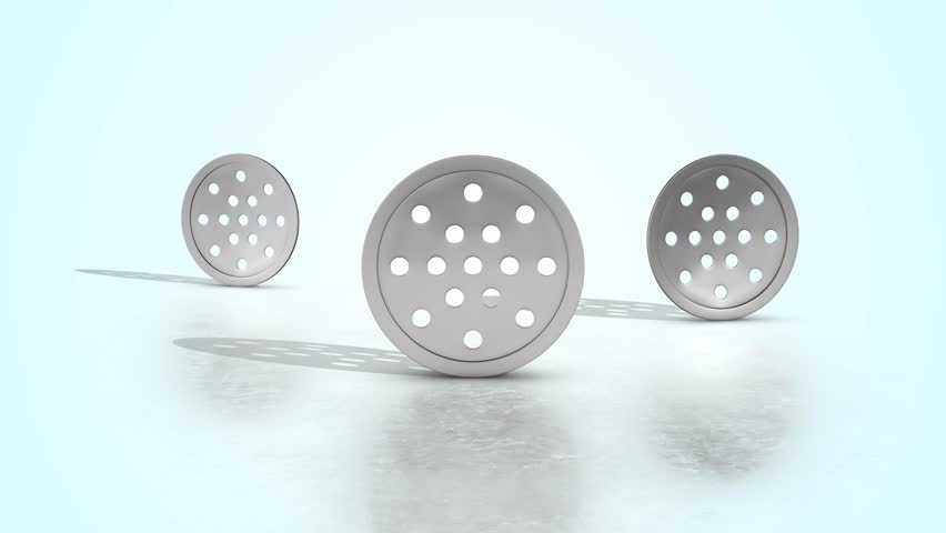 Stainless Steel Sink Strainers on a Reflective Floor. Bathroom Sink 3D. 4K 