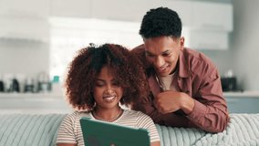 Relax, tablet and streaming with couple on sofa for social media, online post and networking app. Connection, love and bonding with man and woman in living room at home for website, digital or smile - Powered by Shutterstock - Get 15% off with code: PIKWIZARD15
