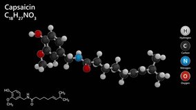 Capsaicin. Analgesic. Chili peppers. Animated 3D model of a molecule. Molecular formula: C18H27NO3. Chemical model: Ball and stick. Black background. 3D rendering. Seamless loop. - Powered by Shutterstock - Get 15% off with code: PIKWIZARD15
