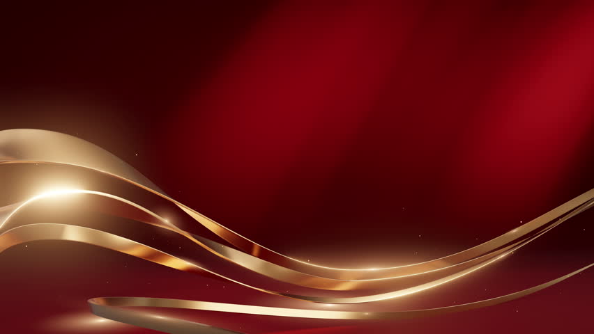 Luxurious abstract background with golden wave-like ribbons on a rich red gradient, ideal for festive, celebratory, or corporate designs.