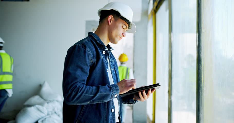 Building, man and thinking with tablet at construction site for inspection, quality control or maintenance. Male person, employee and ideas with floor plan for infrastructure development project