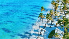 Summer trip to Maldives. Paradise palm island and sandy beach. Palm trees with big leaves on white sand with turquoise sea. Summer sunny day on clean beach with blue water and azure sea. - Powered by Shutterstock - Get 15% off with code: PIKWIZARD15