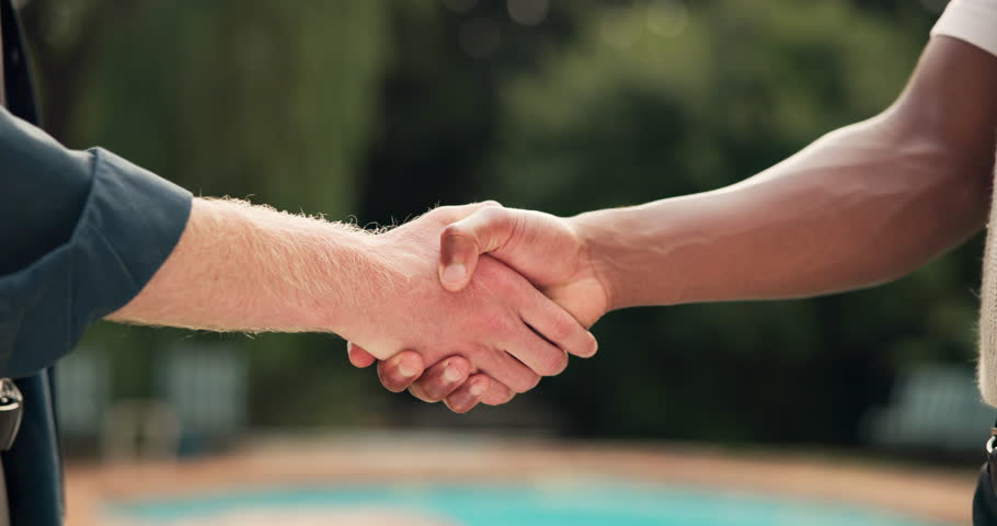 Outdoor, people and friends with handshake for greeting, introduction and trust with friendly gesture. Backyard, closeup and men with shaking hands for hello, welcome and support with thank you