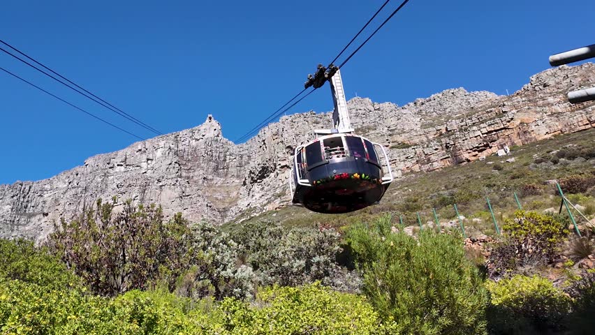 Cable Car Scene At Cape Town In Western Cape South Africa. Aerial Cableway Landscape. Giant Canyons. Cape Town At Western Cape South Africa. Tourism Travel. Table Mountain Skyline.
