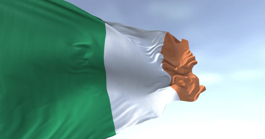 Ireland national flag waving in the wind on a clear day. Vertical tricolour of green, white, and orange. European Union state member. Seamless 3d render animation. Slow motion loop