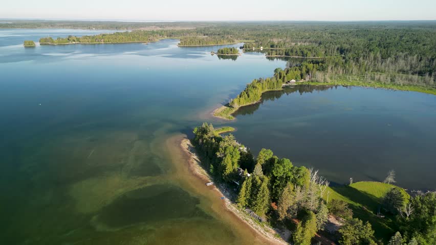 Aerial view of small bay and islands off lake huron coast