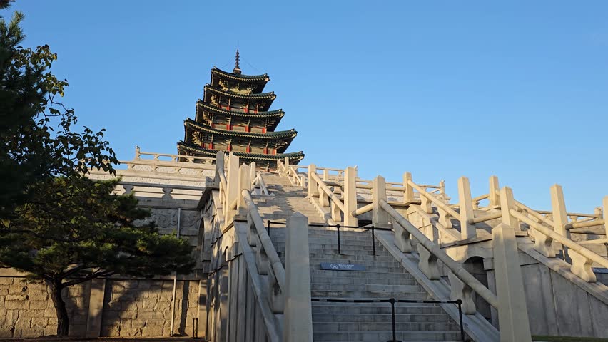 Stairs Up To The National Folk Museum of Korea At Gyeongbokgung Palace in Seoul, South Korea. - slider shot