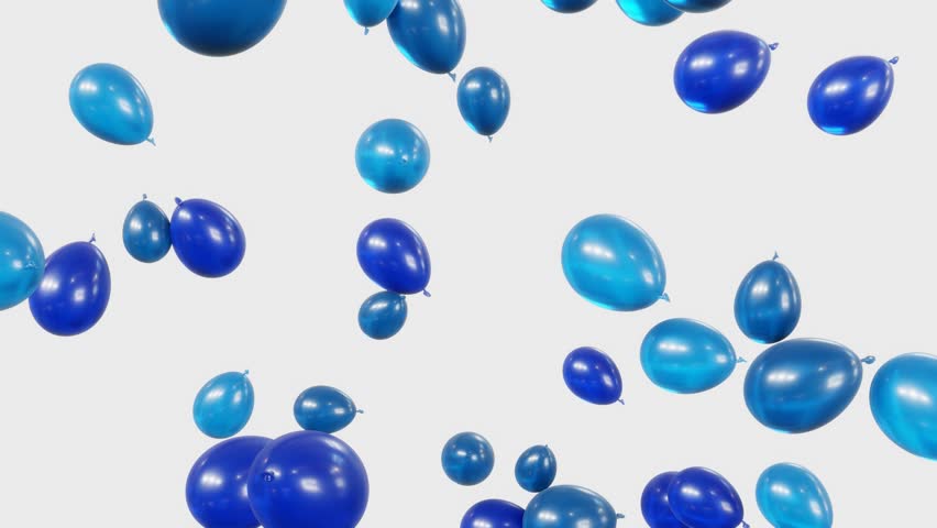 Animation of blue balloons over the white background.