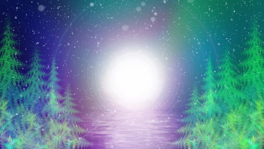 Winter Full Moon with Fractal Pine Trees and Snow Meditation Visualization, Animation, Video