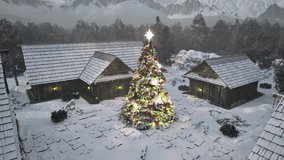 Christmas tree with colorful light bulbs and christmas ornaments in the center of a small winter village with wooden cabins, pine trees and snow falling 3D animation camera rotate panoramic view - Powered by Shutterstock - Get 15% off with code: PIKWIZARD15