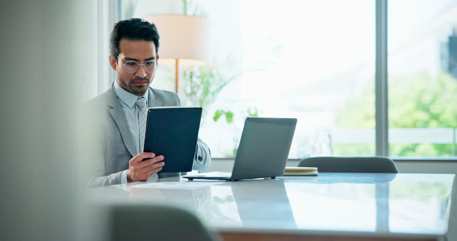 Business man, paperwork and laptop with accounting research for budget, statistics and growth management. Tech, professional and report with investment admin and email for planning of accountant