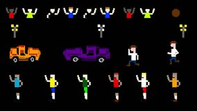 Pixel art style animated video of several male athletes running, cars and fans on a black background, old game. - Powered by Shutterstock - Get 15% off with code: PIKWIZARD15
