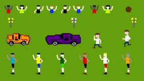 Pixel art style animated video of several male athletes running, cars and fans on a green background, old game. - Powered by Shutterstock - Get 15% off with code: PIKWIZARD15