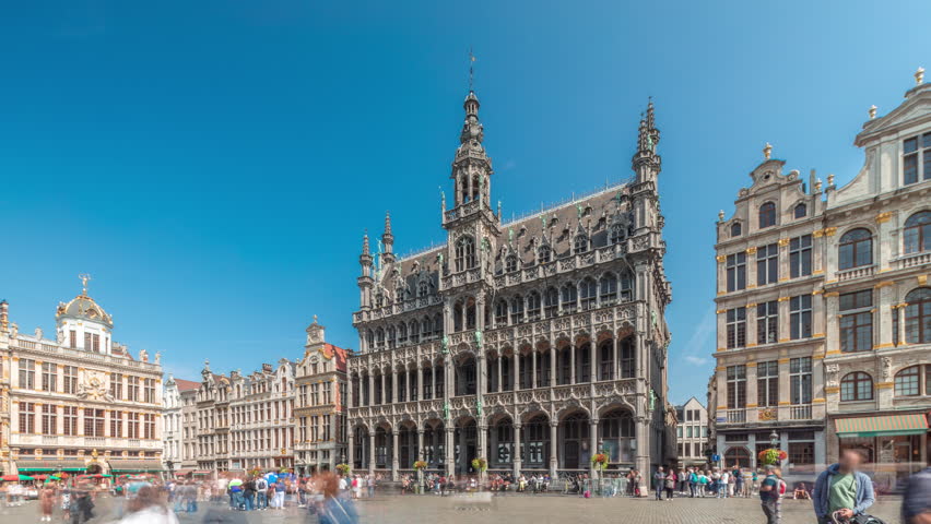 Timelapse hyperlapse of Maison du Roi (King's House) facade at Grand Place, Brussels, Belgium. Gothic-style tenement, former guild hall, now home to Brussels City Museum. UNESCO World Heritage Site