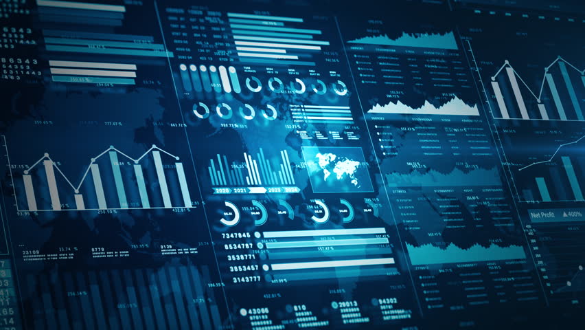 High-tech financial dashboard with data visualizations, charts, and global analytics, illustrating business trends, market analysis, and strategy for business and financial investment background 