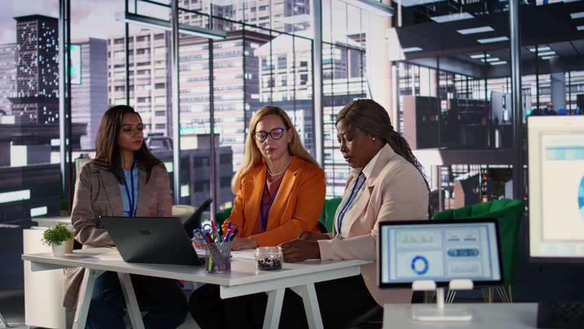 Diverse women leaders in a corporate meeting driving business growth and productivity, economic independence in an enlightened world. Powerful team of executives shaping the future. Camera B.