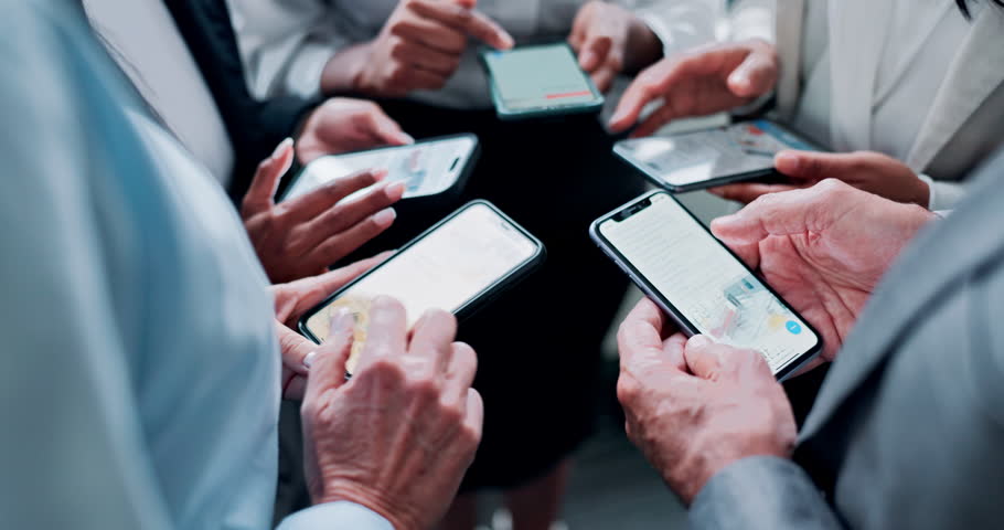 Business people, hands and phone in circle with data sync, social media and scroll on stock market website. Group, networking and mobile app of company with investment check and research in office