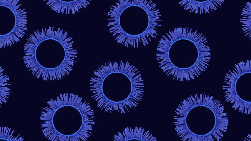 An eye-catching pattern of blue circles on a black background. Versatile design for websites or clothing, featuring overlapping and evenly spaced circles with a cool, calming vibe