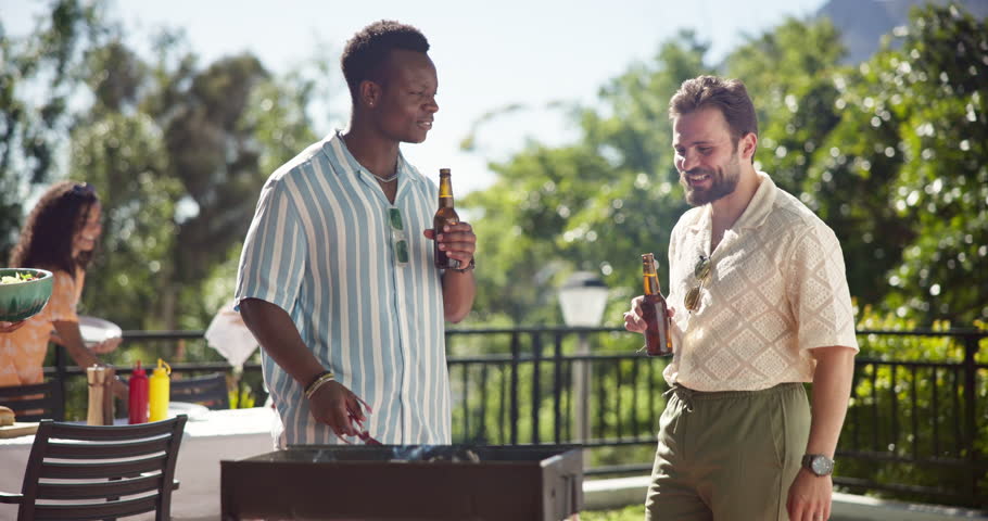 Beer, friends and bbq food at party for new year celebration, social gathering or talking at reunion for lunch. Grill, alcohol and men barbecue meal, holiday and chef cooking outdoor at cookout event