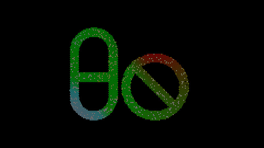 Icon pills is made up of LED square shapes that shimmer and flicker. There are black dead diodes. In-Out looped. Alpha BW at the end