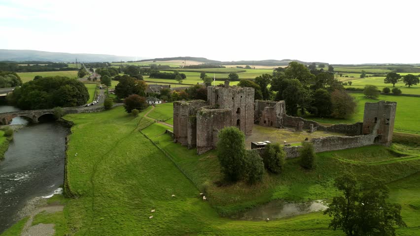 The aerial footage of the Brougham Castle, United Kingdom.