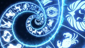 Horoscope Zodiac Sun signs arranged in an infinite double helix Burning Spiral pattern with Blue flames and fire Astrological concept Animation Background - Powered by Shutterstock - Get 15% off with code: PIKWIZARD15