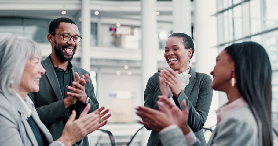 Applause, high five and teamwork with business people at conference center for networking, support and solidarity. Diversity, partnership and connection expo with employees for pride and achievement