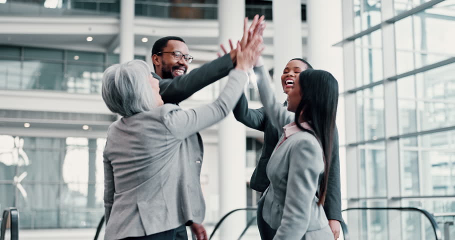 Applause, high five and support with business people at conference center for networking, success and solidarity. Diversity, partnership and connection expo with employees for pride and achievement