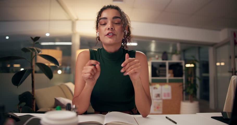 Business woman, earphones and night with video call for presentation, webinar or online communication at office. Portrait, female person or POV with explanation for virtual meeting or late conference