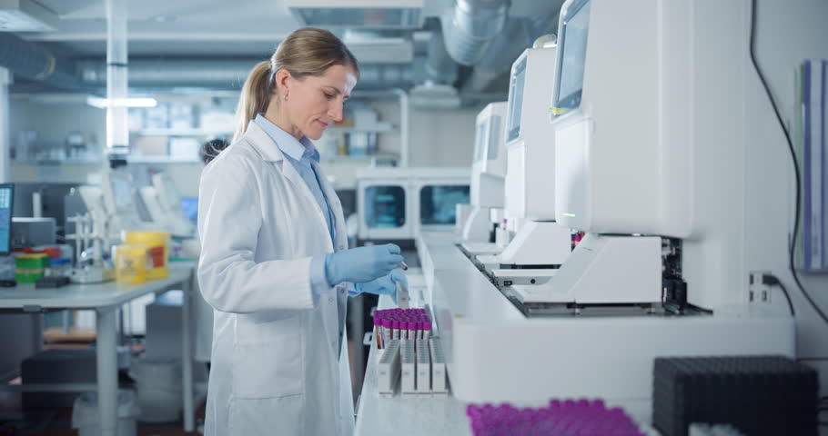 Portrait of a Female Lab Scientist at Work in a Modern Medical Research Facility. Bioengineer in a White Coat Handling Test Tubes and Putting Them Inside an Advanced Machine for Analysis