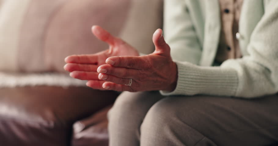 Therapy, patient and hands in consultation for mental health, discussion and recovery support for anxiety. Psychology, person and gesture movement in counseling for share trauma, progress and healing