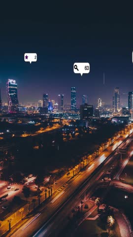Social media icons fly over city downtown showing people engagement connection through social network application platform . Concept for online community and social media marketing strategy .