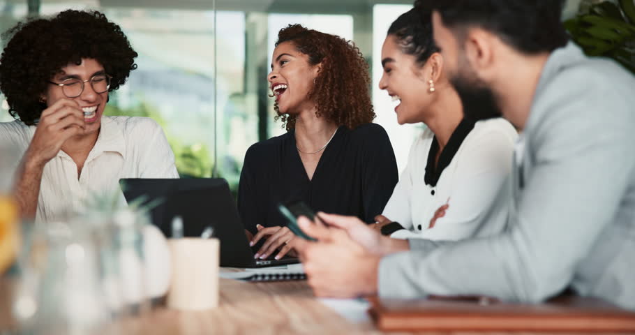 Team, laptop and business people talk, laughing and brainstorming ideas in office. Computer, happy group and engagement manager in meeting for planning project development, discussion or funny joke