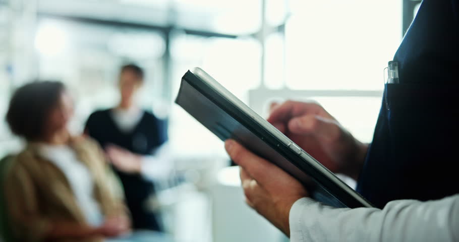 Dentist, hands and person in clinic with tablet, research and checking online schedule on website. Oral, healthcare and dental hygienist in office with digital app for report, results or planning