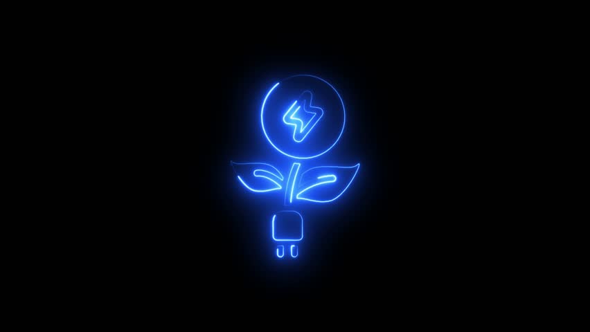 Animation of glowing neon green energy icon concept. ESG environment, Saving the green planet in the hands of humans on green background.neon charging cable icon isolated .