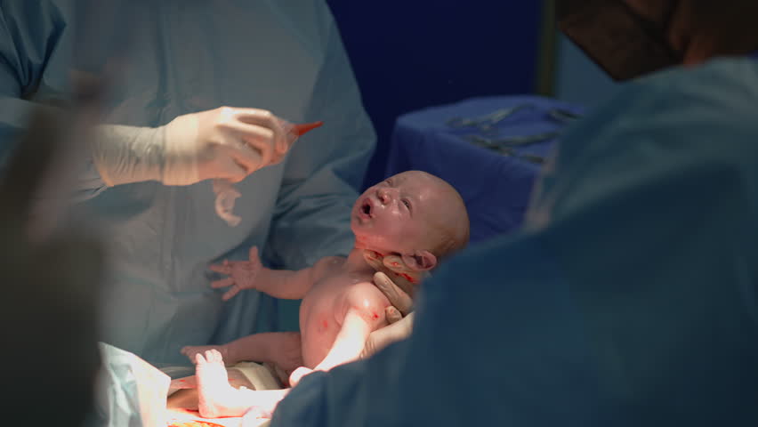 A newborn baby is carefully lifted from the mother's belly during a cesarean section operation. A powerful moment capturing the beginning of life, medical precision, and the miracle of childbirth in a