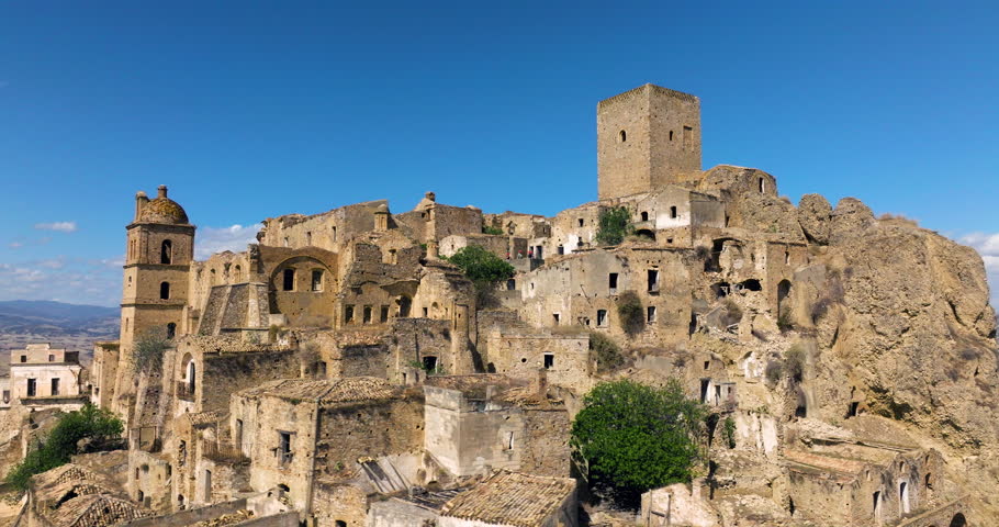 Abandoned Old Town Of Craco Due To Landslide In Matera, Italy. - aerial shot