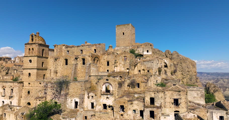 Abandoned Old Town Of Craco Due To Landslide In Matera, Italy. - aerial shot