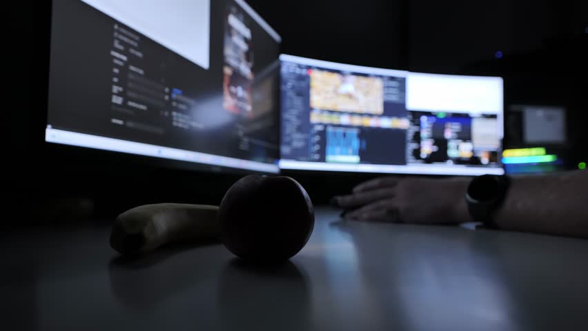 Editing workspace with dual monitors - apple and banana on desk in low light, 4K