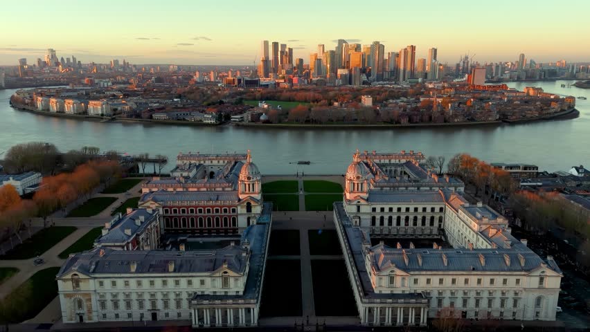 Aerial view of Greenwich in London with the Docklands and Canary Wharf and City skyline in the background