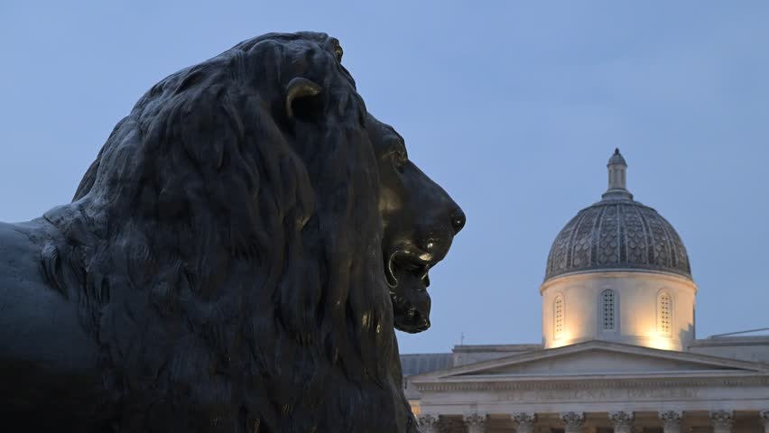 Lion next to Nelson's Column in Trafalgar Square, London, United Kingdom