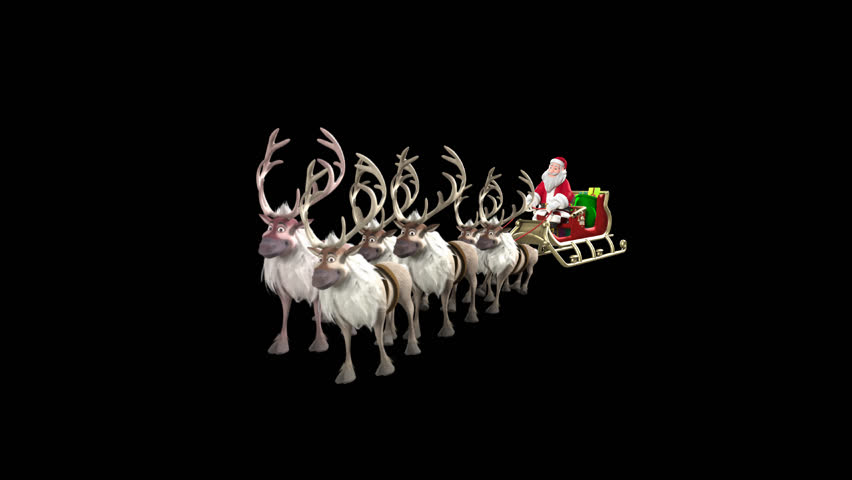 3D Animated Cartoon Santa Claus Riding A Sleigh Being Pulled By Three Brown Reindeer On Loop In Transparent Background.