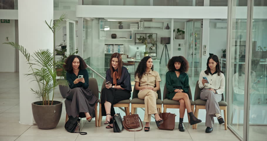 Waiting room, business women and selection for recruitment choice, decision or turn for interview. Hiring, candidates and queue in office for career opportunity, job search and chat with hr manager