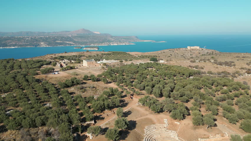 Archaeological Site And Amphitheater Of Aptera In Crete Greece Drone Track Back 4K 60FPS
