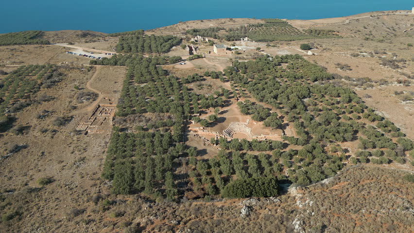 Greek Ruins Amongst Olive Trees At Aptera On Island Of Crete Drone Circling 4K 60FPS